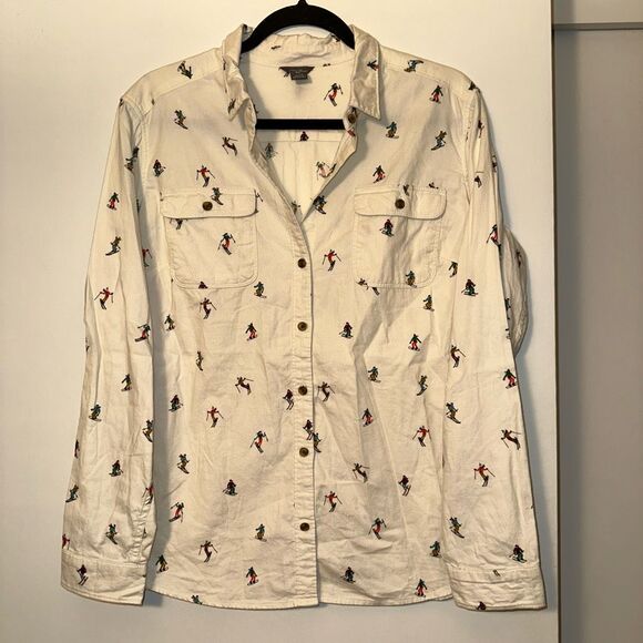 Eddie Bauer Large Ski Snowboard Pattern Cream Button Down Collared Flannel Shirt - Picture 1 of 10